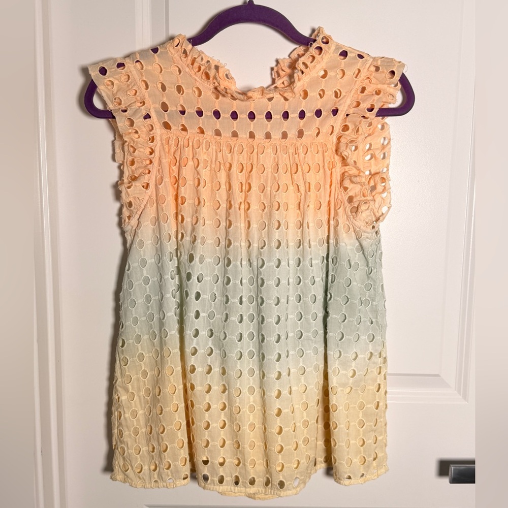 Anthropologie Ollari‎ Ruffles Lined Ombré Cotton Top Tassel Tie Back S
